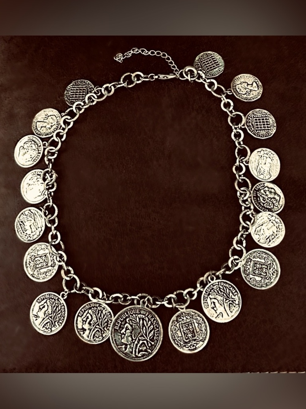 Vintage Style French Coin Charm Necklace Silver Tone Statement Design